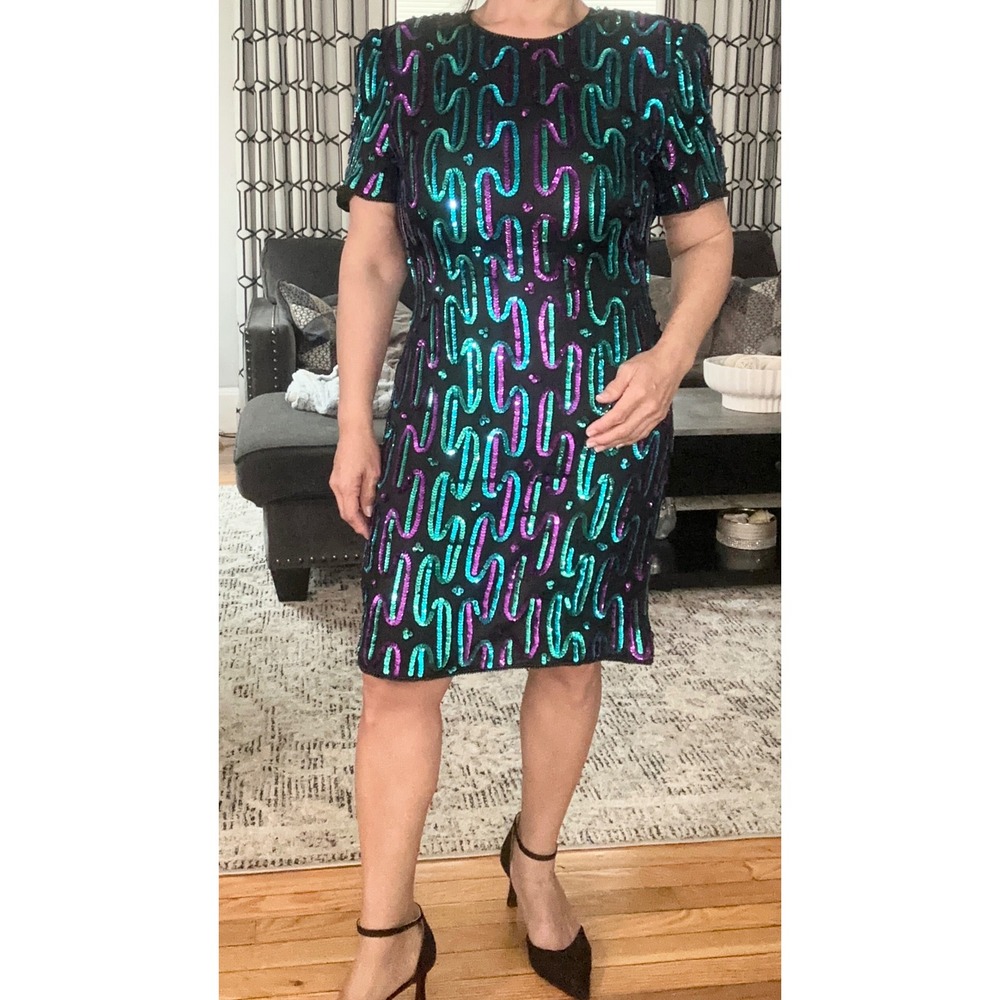 Vintage Eves Allure Sequin Beaded Black Silk Short Sleeve Cocktail Dress L *197